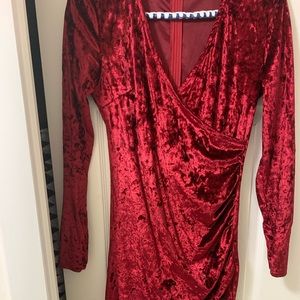 Red velvet wrapped over ruched asymmetrical dress